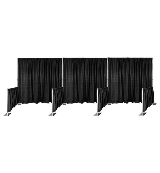 Three black privacy curtains set up on metal frame partitions.