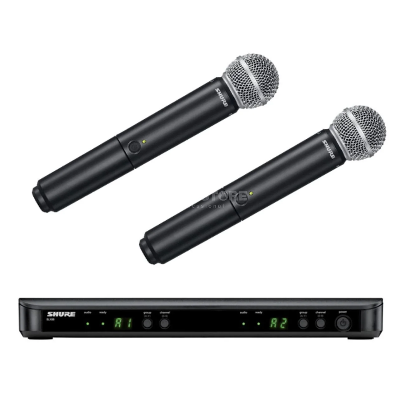 Shure Wireless microphone system with two handheld microphones and a receiver.