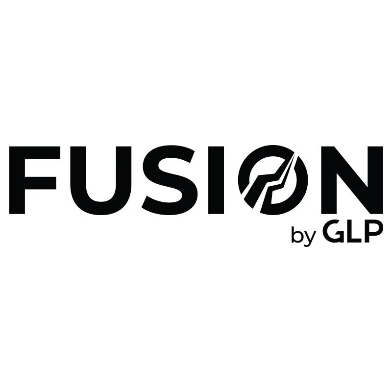 Logo for FUSION by GLP in black text with a circular emblem replacing the letter 'O' and a tagline 'by GLP' underneath.