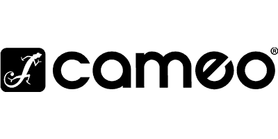 Cameo logo with a stylized letter 'F' inside a black square and the word 'cameo' in bold black letters