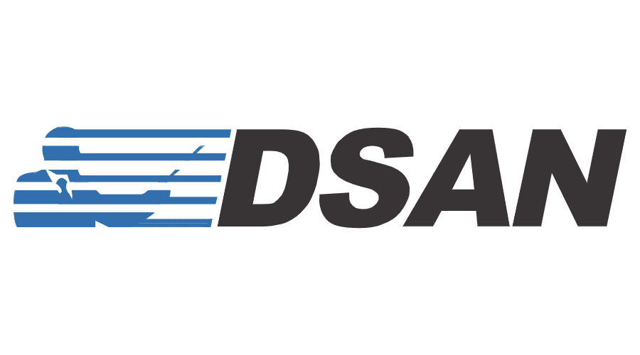Logo with blue lines forming the shape of the United States on the left, and the bold black letters 'DSAN' on the right.
