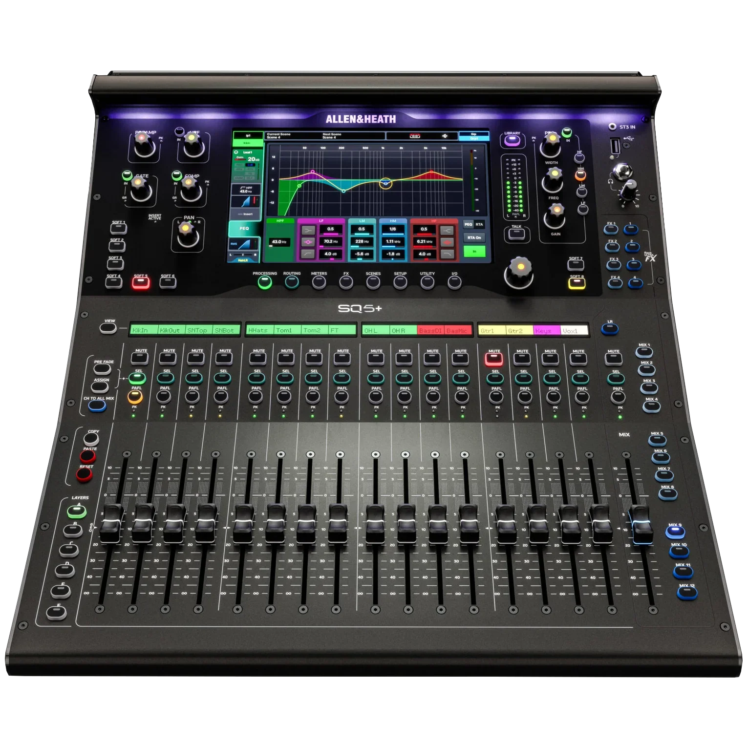 Audio mixing console with various knobs, sliders, and a digital screen, labeled Allen & Heath SQ5+