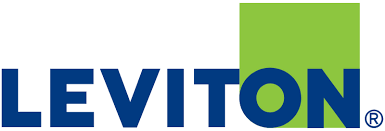 Leviton logo with blue text and a green square background.