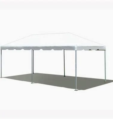 Empty white canopy tent with metal frame on a gray surface.