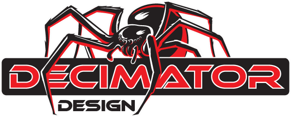 Logo of Decimator Design featuring a black and red spider over the brand name.