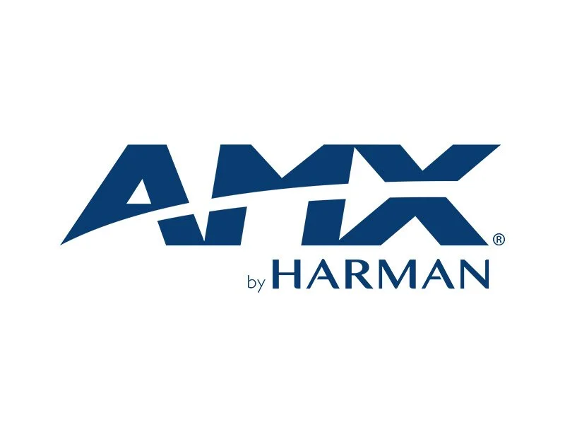 A logo with bold dark blue letters spelling AMX, with 'by HARMAN' written below in smaller font, all on a white background.
