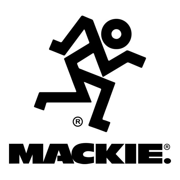 Logo featuring a stylized figure of a person running above the word "MACKIE" in bold capital letters.