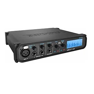 Audio interface with multiple control knobs, input ports, and a digital display