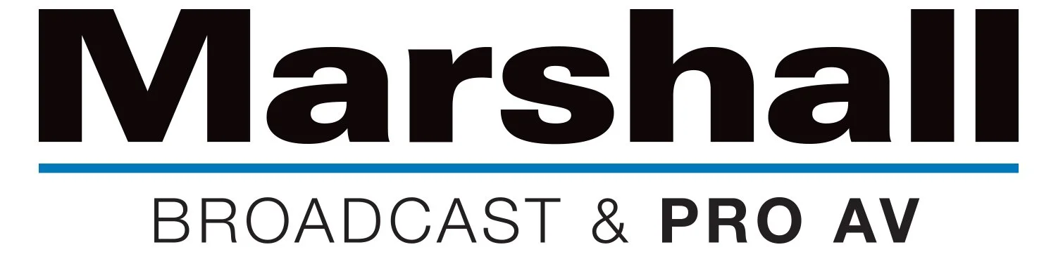 Marshall Broadcast and Pro AV logo with black text and a blue underline on a white background.