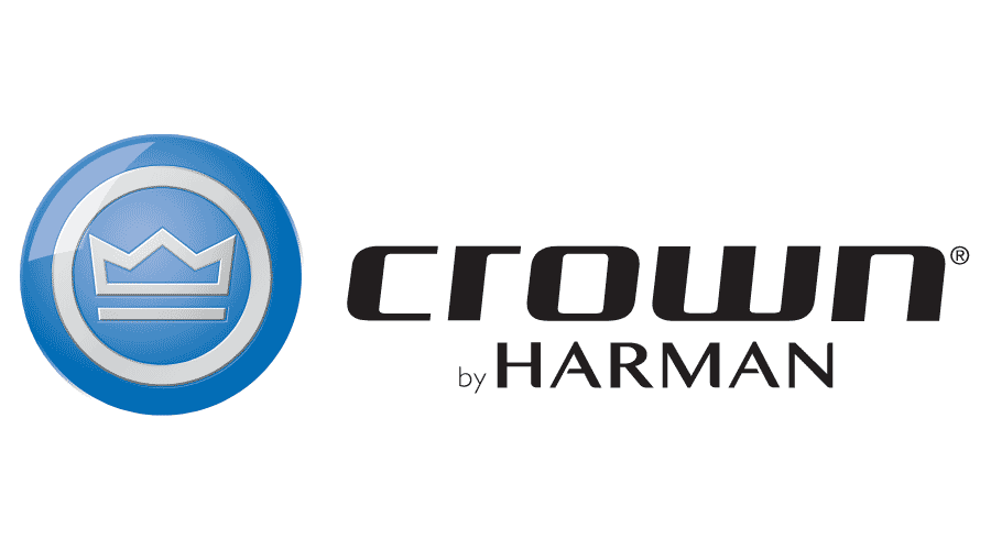 Logo for Crown by Harman, featuring a blue circular emblem with a crown symbol inside and the brand name in black text.