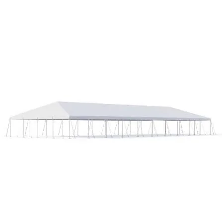 A large outdoor event tent with a peaked roof and supporting poles on a white background