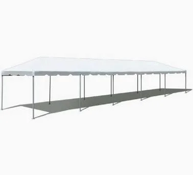 Empty white event tent with metal frame and fabric canopy