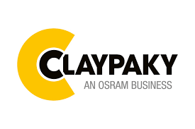 Clay Paky logo with a yellow crescent shape and black text, and the tagline 'An OSRAM Business' below