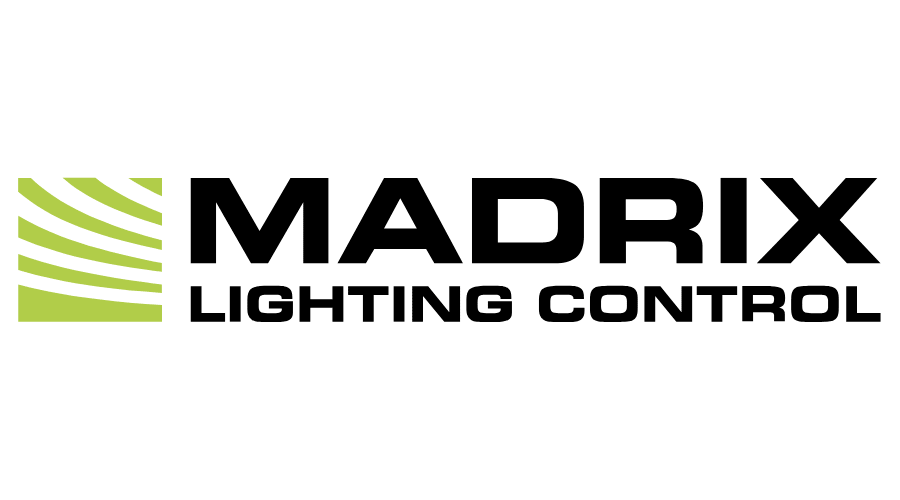 Logo for Madrix Lighting Control with a green stylized graphic on the left and black text.