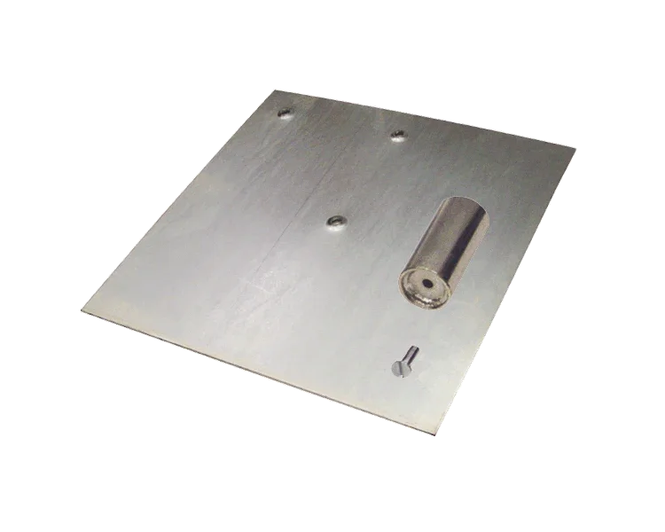 Metallic square plate with a cylindrical roller and small screw on it, labeled with lines A and B.