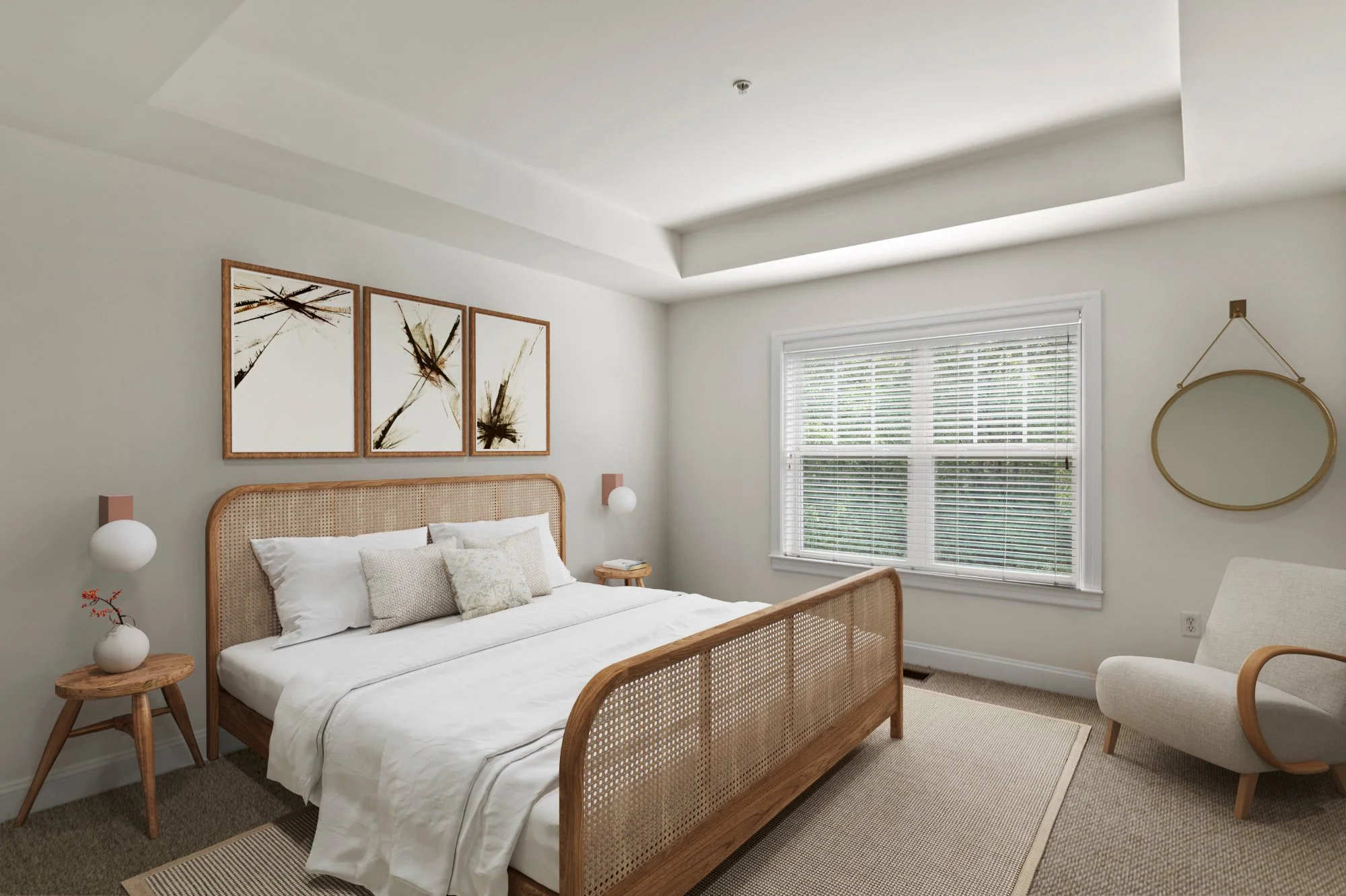 A minimalist bedroom with a wooden bed, white bedding, and decorative pillows,, a side table with a small vase and a branch, window with white blinds, abstract art above the bed, a round mirror on the wall, and a light-colored armchair.