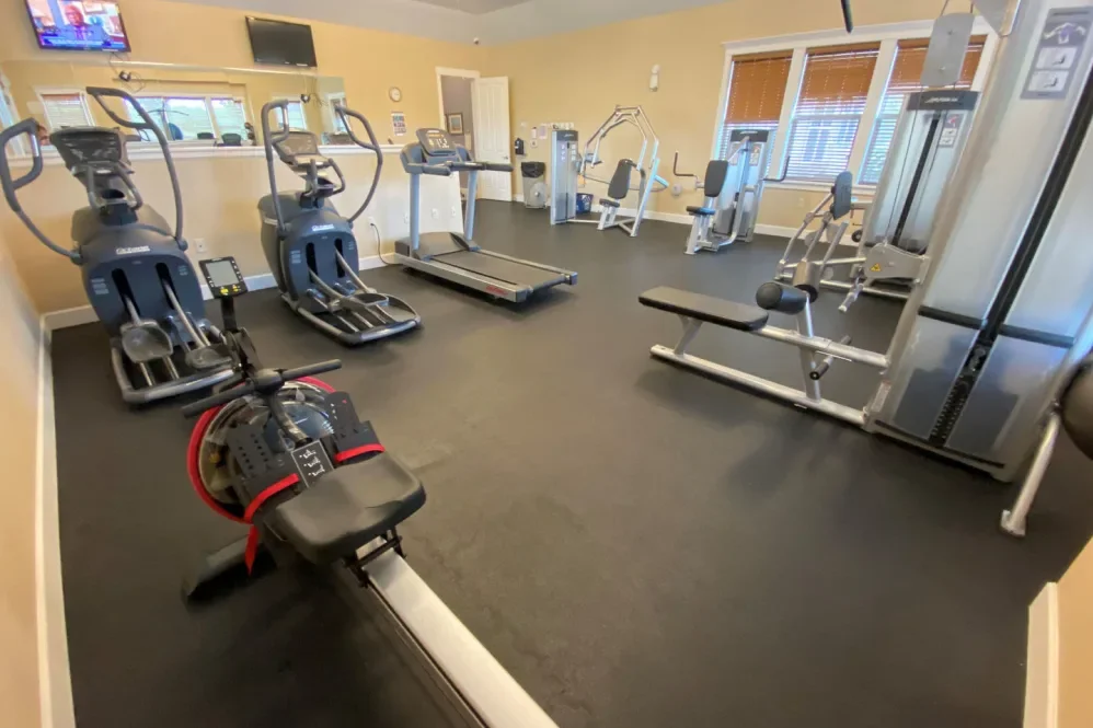 Inside a gym with various exercise equipment including ellipticals, treadmills, weight machines, and a rowing machine, with windows and a television on the wall.
