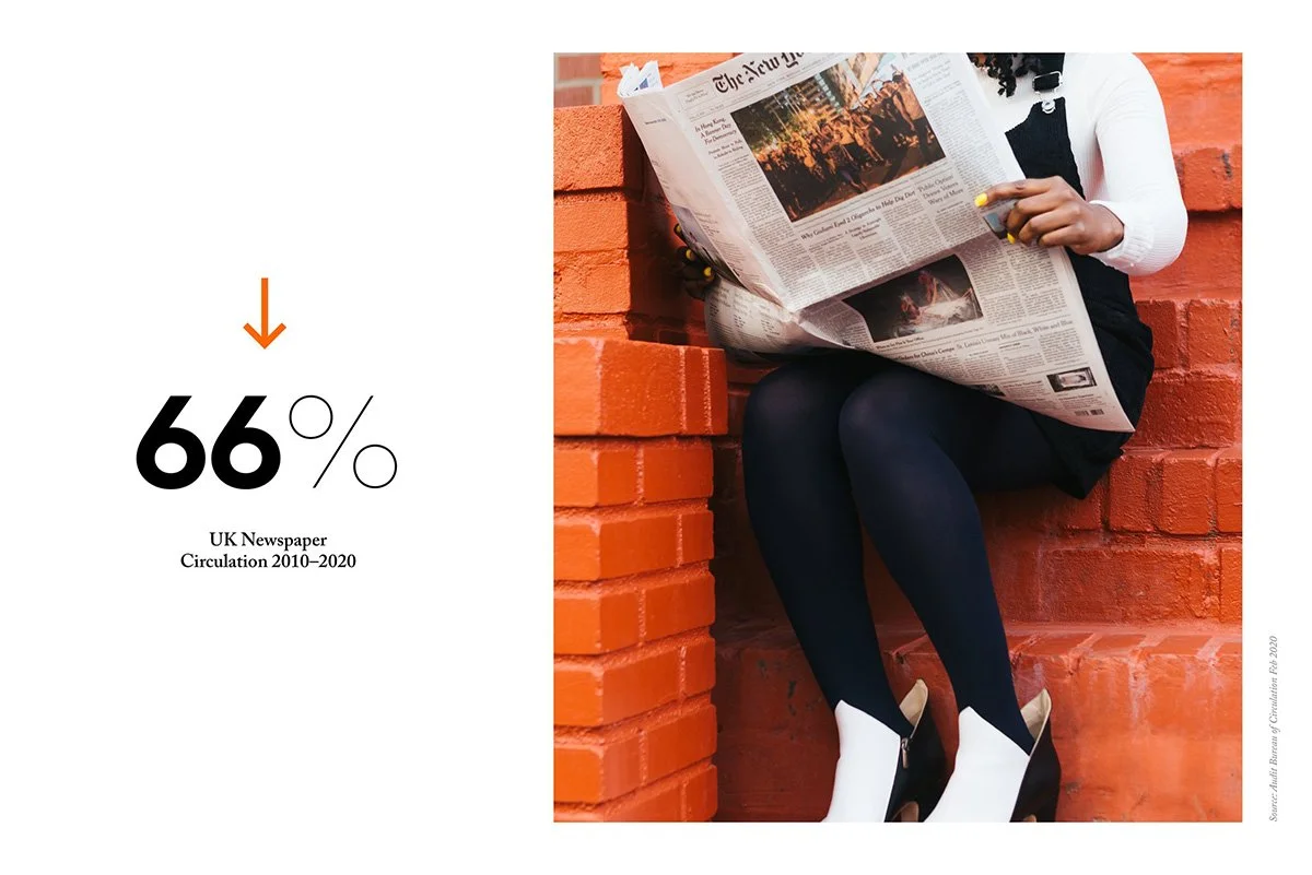 News Movement poster with a photo of a women reading a newspaper with the headline: "UK newspaper circulation down 66% 2010-2030"