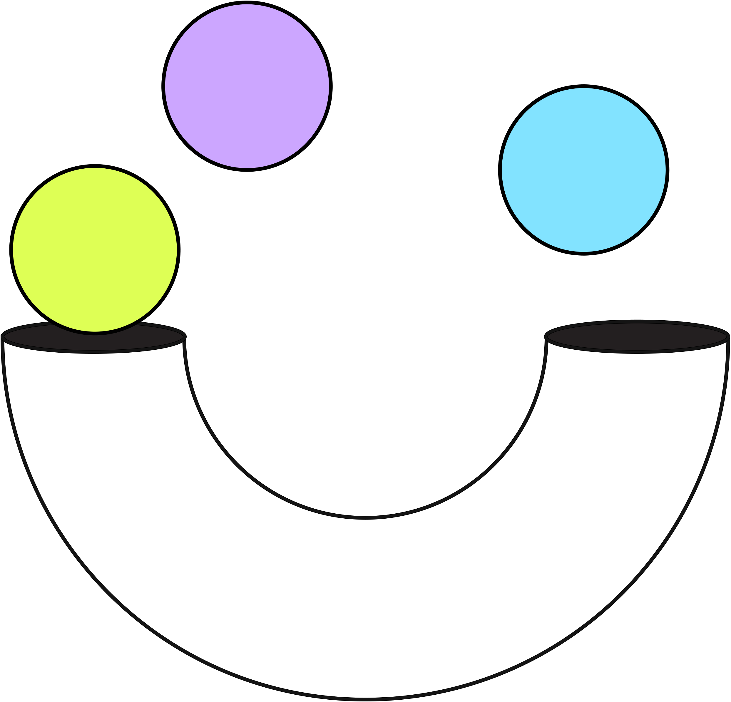 Digital illustration of a Fidget Cube with colorful spheres on top, all set against a black background.