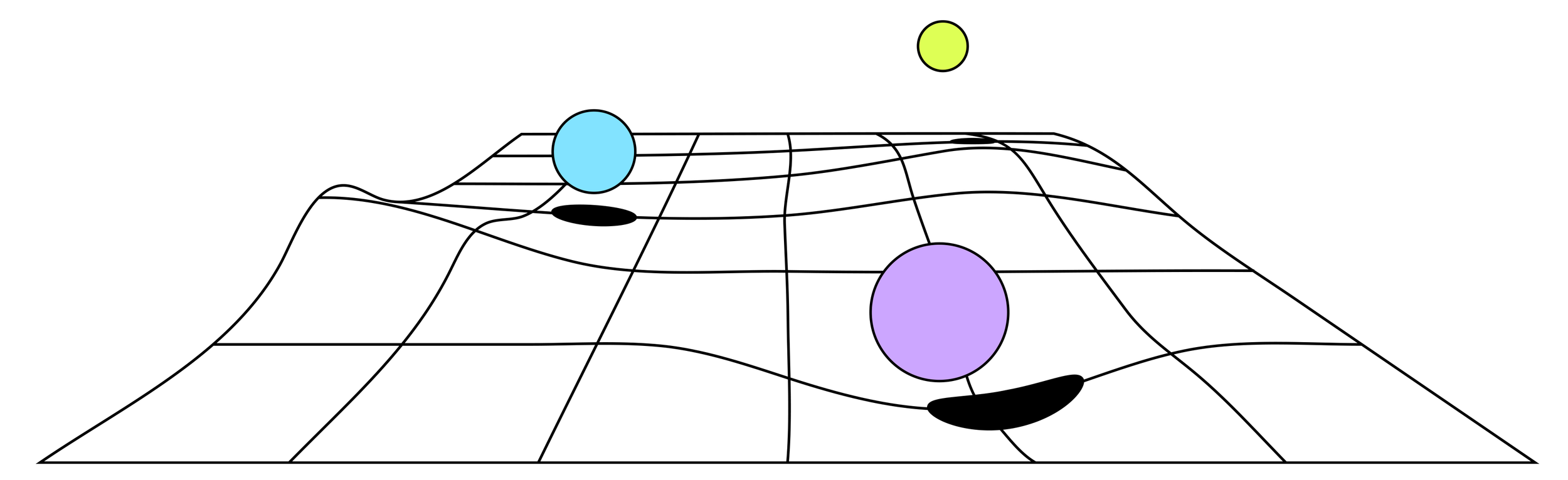A 3D grid surface with three colored spheres (blue, green, purple) floating above it and black spots on the grid.
