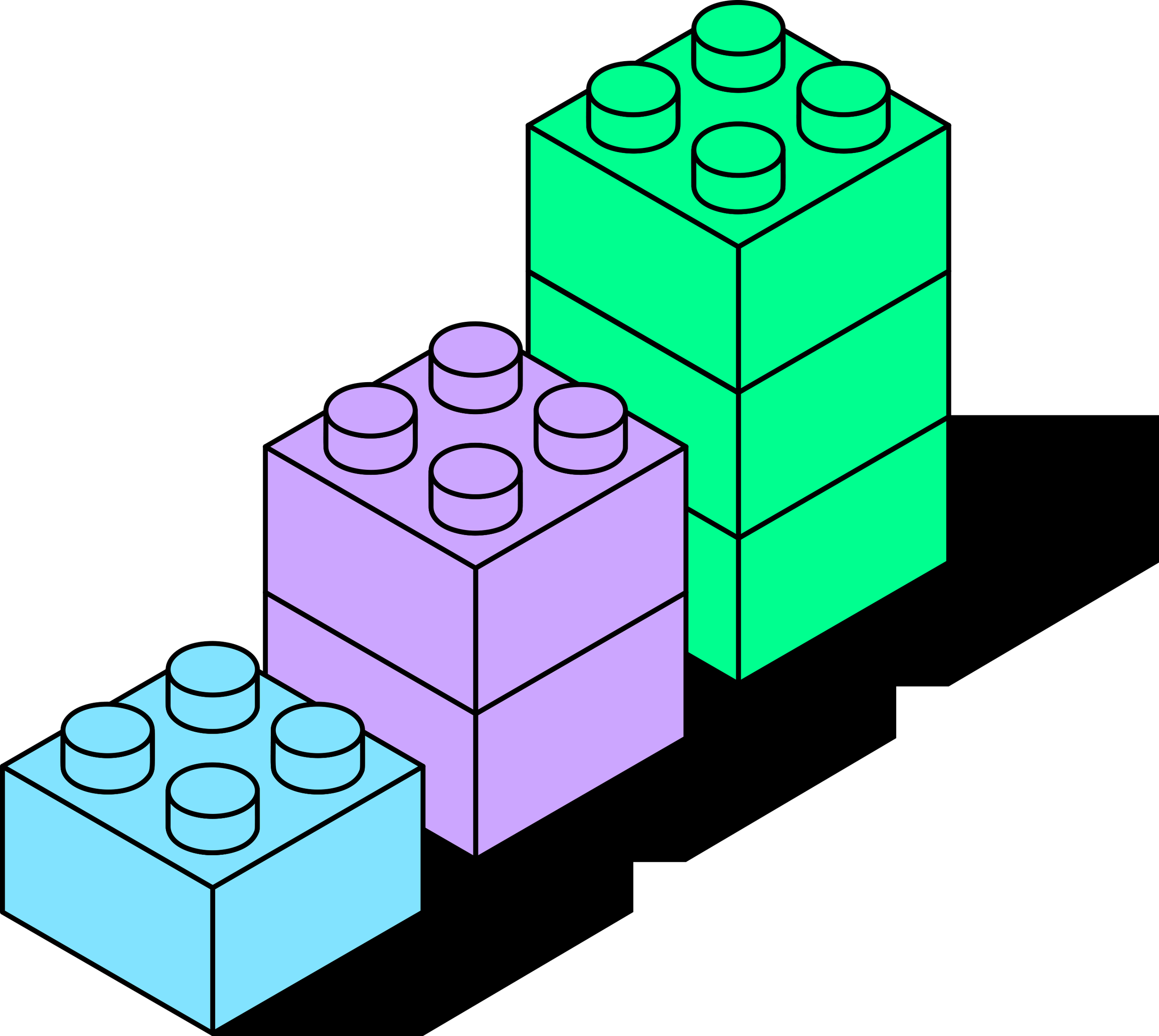 Colorful illustration of four stacked building blocks in purple, blue, green, and teal, with circular studs on top, on a black background.