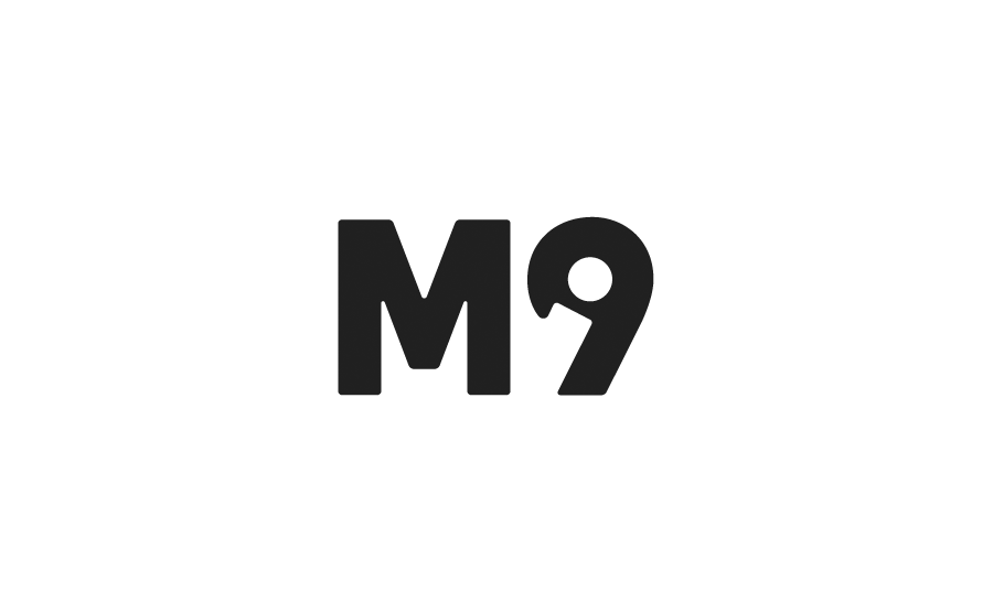 Black background with a white graphic of a stylized butterfly and the text 'M9' in large black letters.