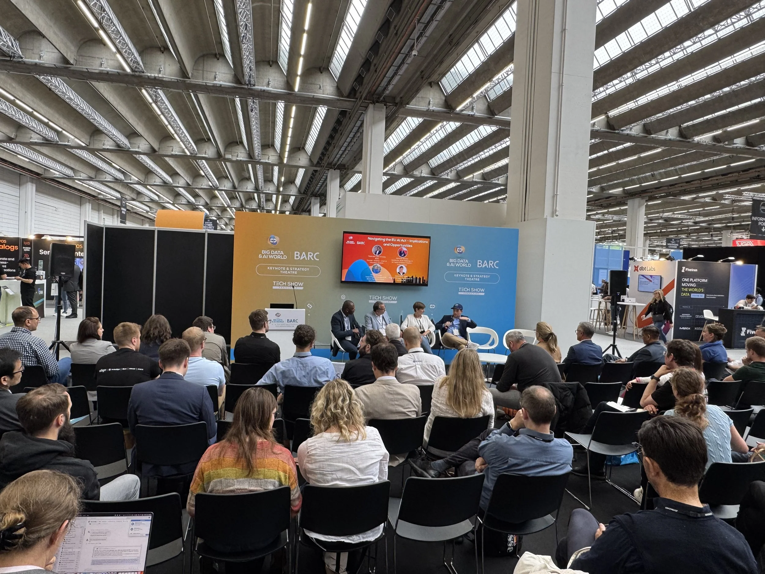 Full audience in the Big Data & AI World / BARC Keynote & Strategy Theatre at Tech Show Frankfurt 2025 during the EU AI Act panel.