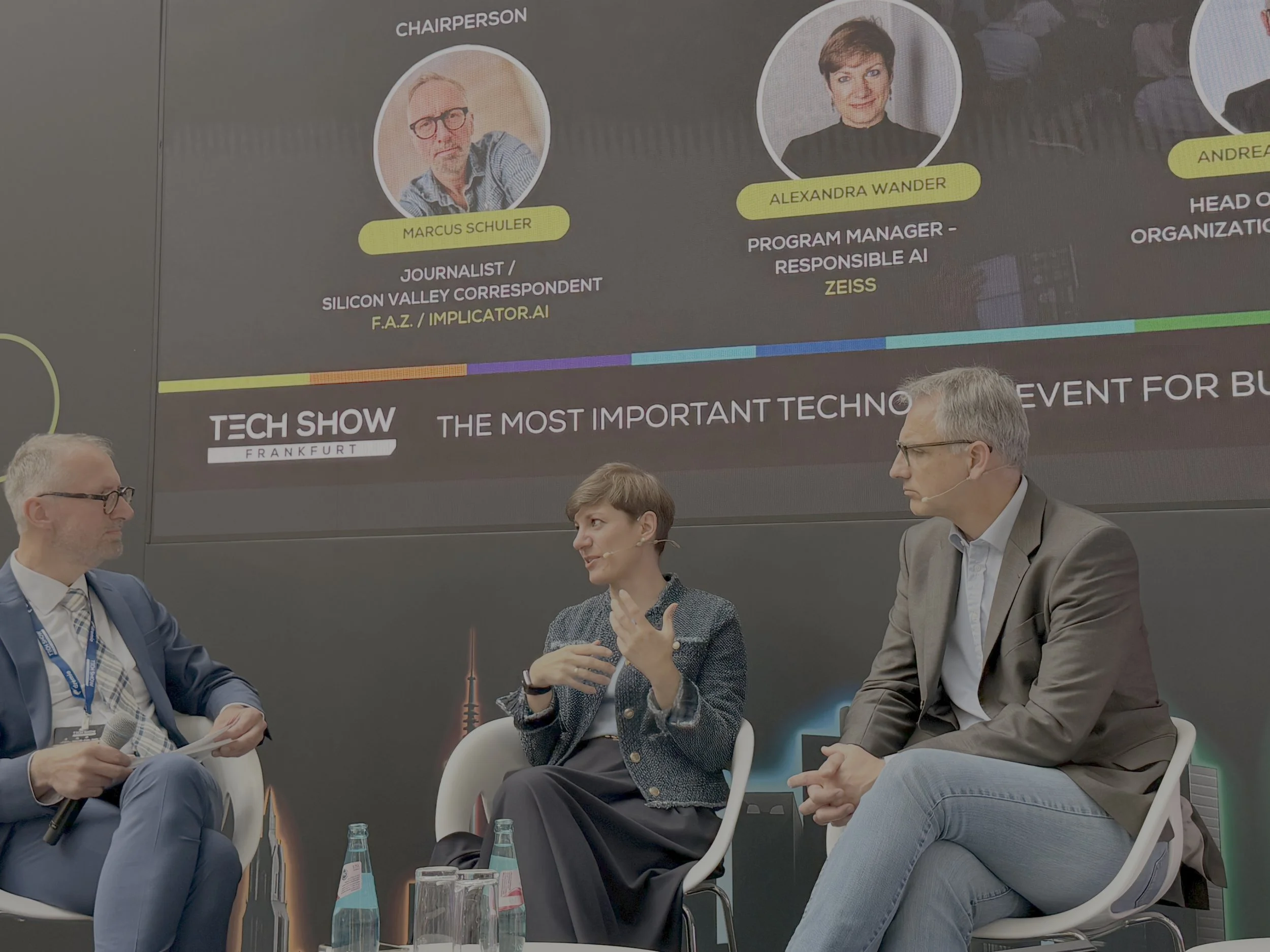 Alexandra Wander, Program Manager Responsible AI at ZEISS, on the Tech Show Frankfurt 2026 AI governance panel with Marcus Schuler (F.A.Z.)