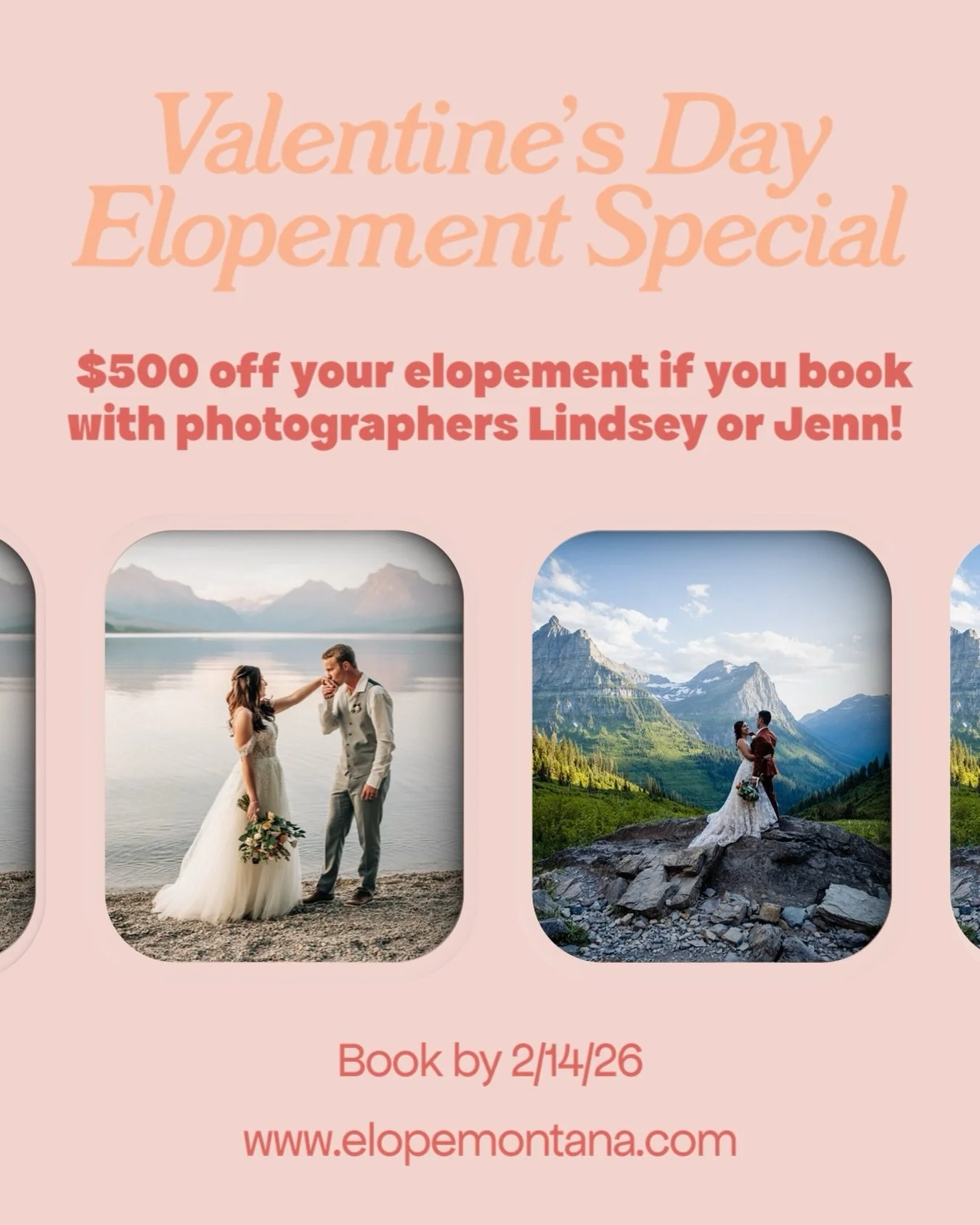 2 days left to take advantage of our Valentine&rsquo;s Day Special! 💌 Always dreamed of getting married in Glacier National Park? Time to be romantic and surprise your loved one! Book by 2/14 with photographers @lindseyjanephotographer or @jenniferv
