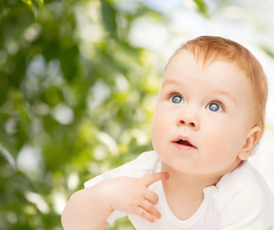 Alert baby with wide eyes looking up and around outdoors, taking in surroundings