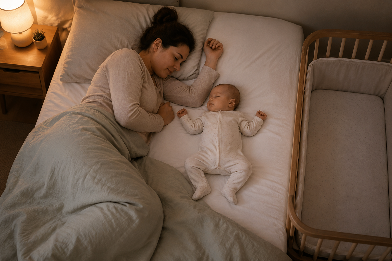Mother and baby sleeping side by side in bed next to an empty bedside crib