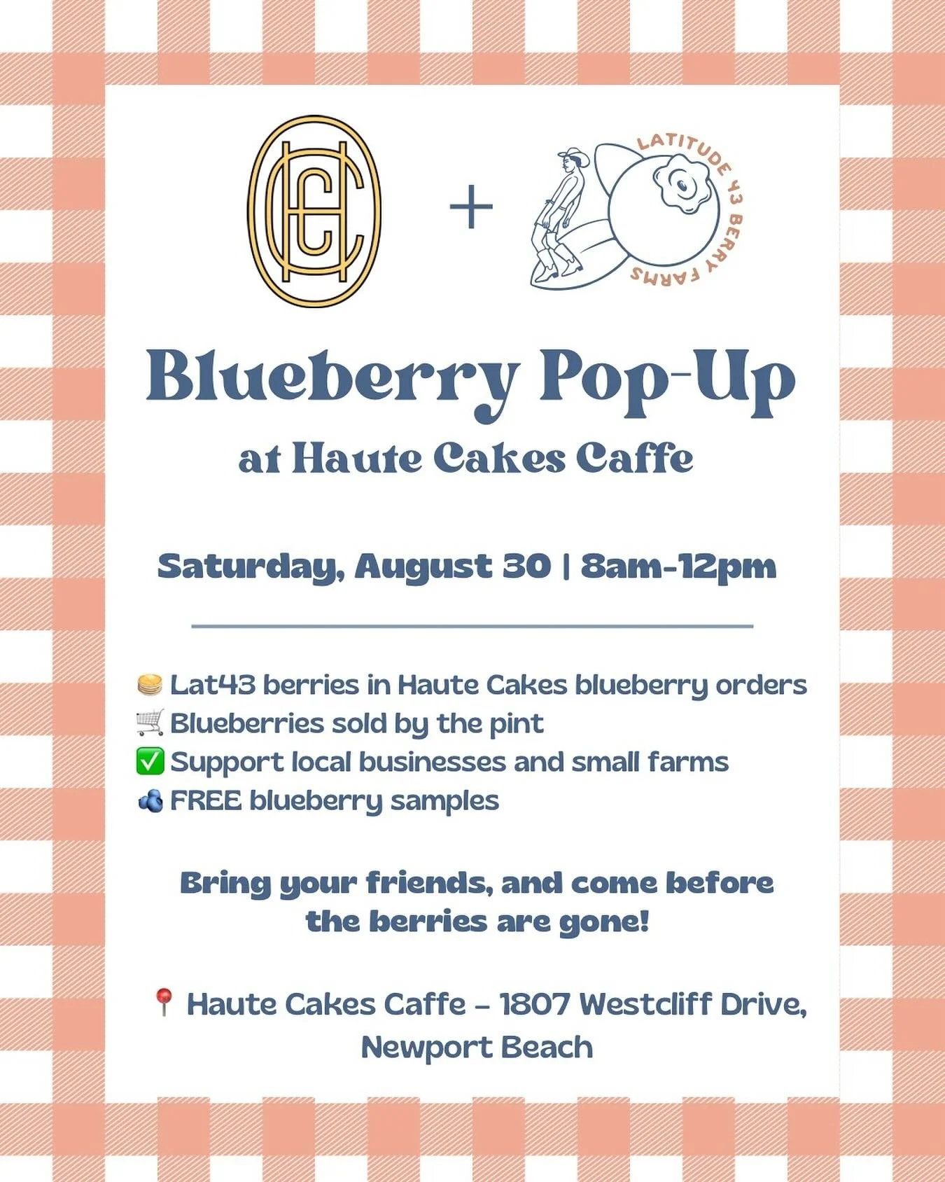 🥞💙 Pop-Up Alert! 💙🥞
This Friday, August 30 from 8AM&ndash;12PM, join us at Haute Cakes for a delicious collab 
We&rsquo;re bringing fresh, organic blueberries straight from our farm to your pancakes! Come by for: ✨ Blueberry samples 🫐 Pints for 