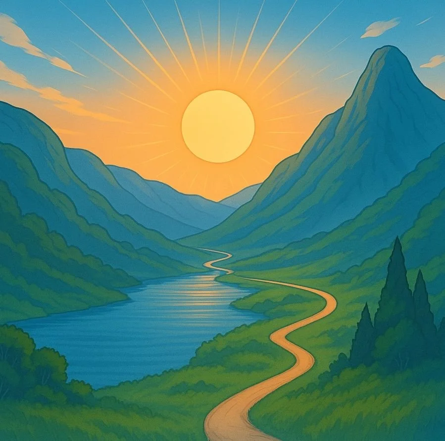 Sunrise over a mountain valley with a winding path, a lake, and green hills