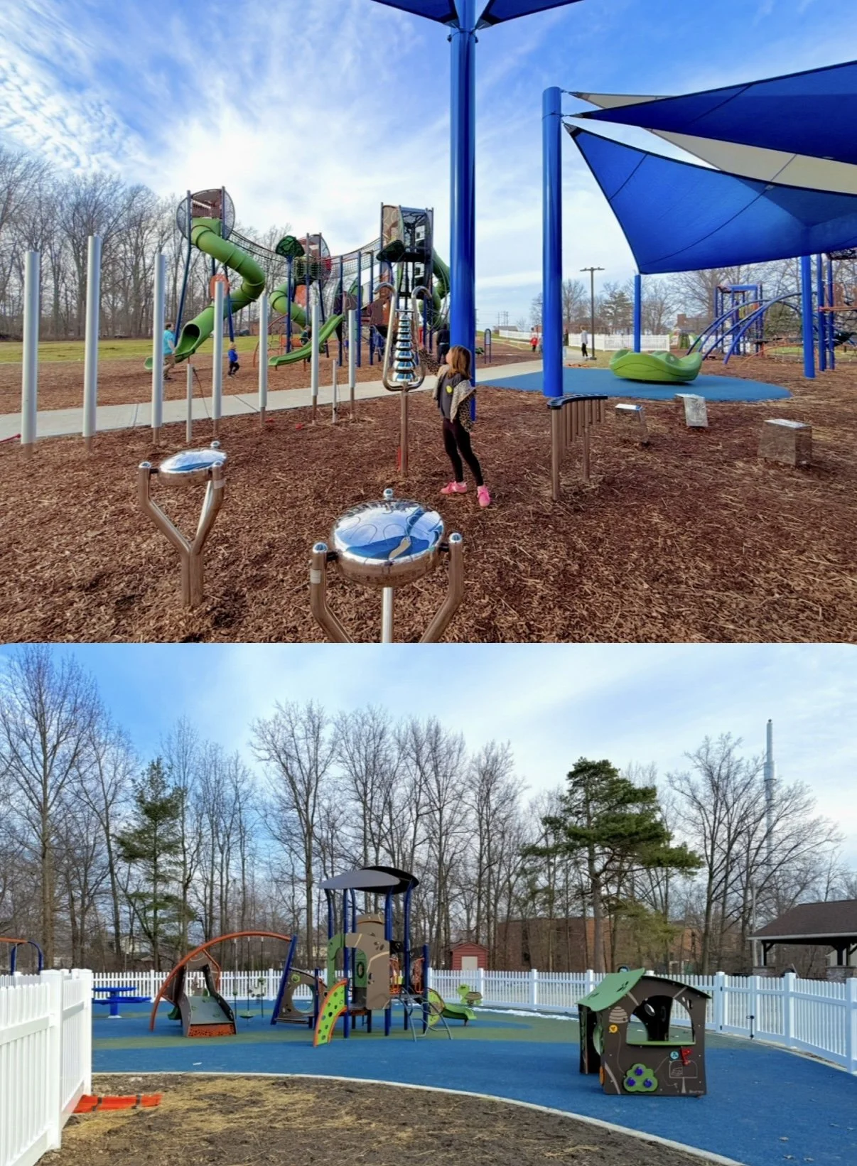 photo of little girl playing on a fun metal instrument with a large playground in the background