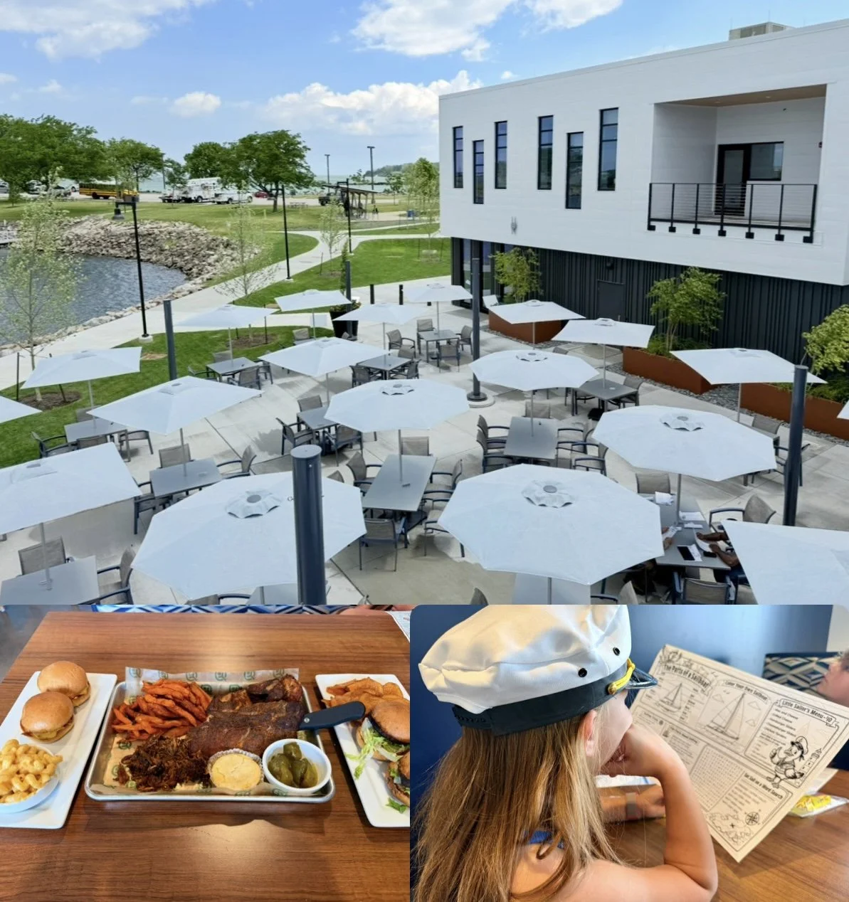 photo shows a patio area, a plate of bbq food and hamburgers and a little girl looking at a kids menu