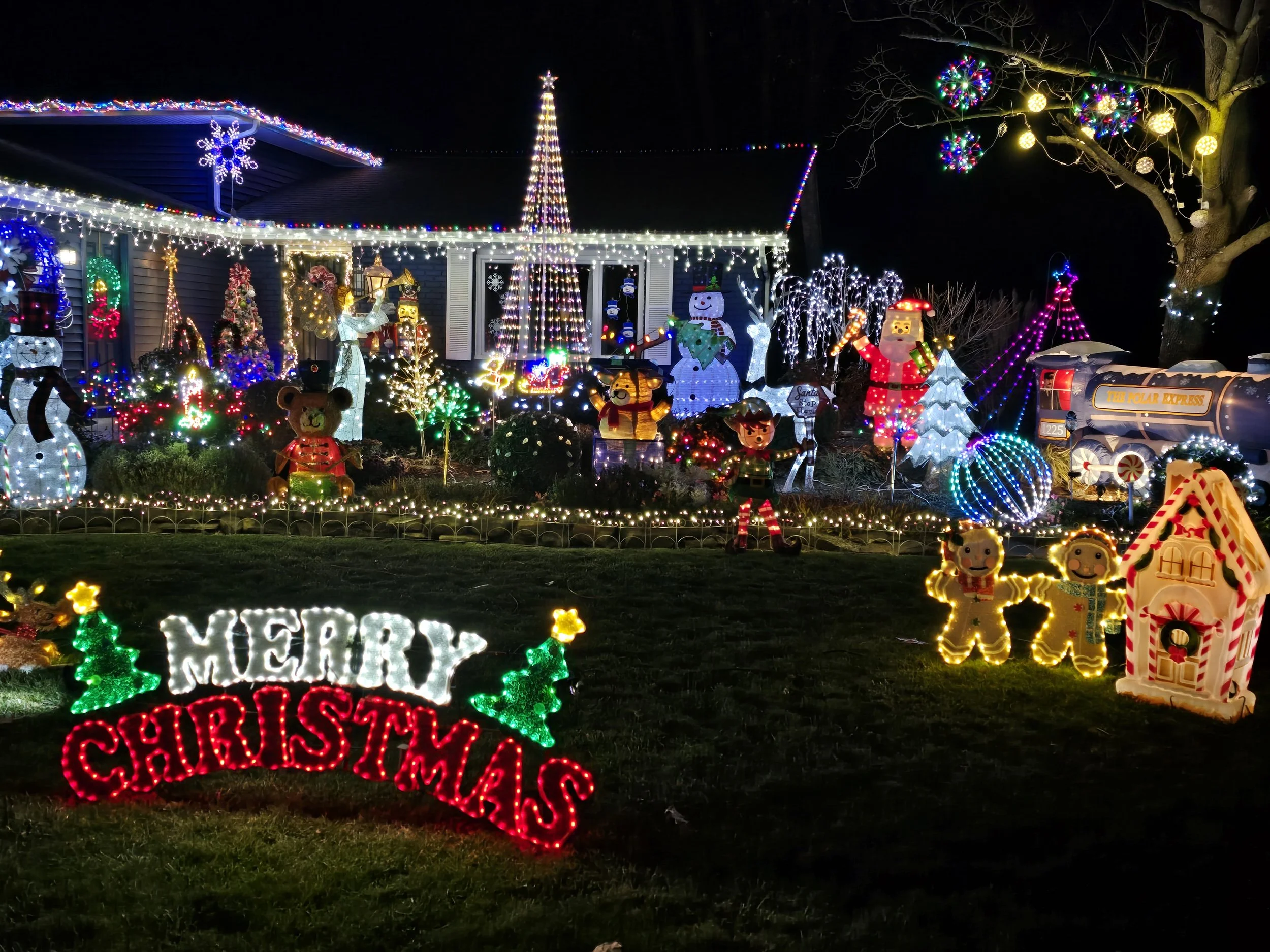 Residential yard filled with Christmas lights, gingerbread house, frosty the snowman, elves, nutcracker, and sign that reads MERRY CHRISTMAS