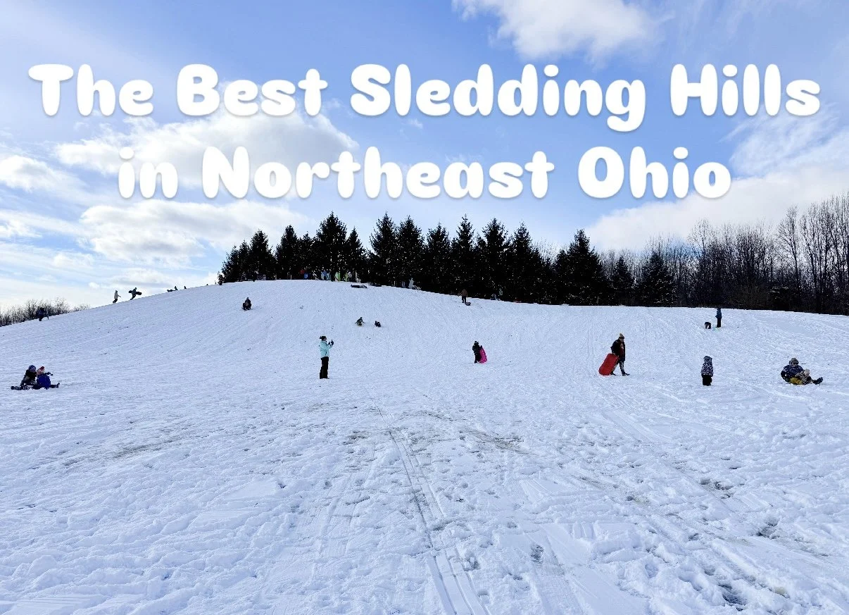 Kids sledding down a hill with text that reads, "THE BEST SLEDDING HILLS IN NORTHEAST OHIO"
