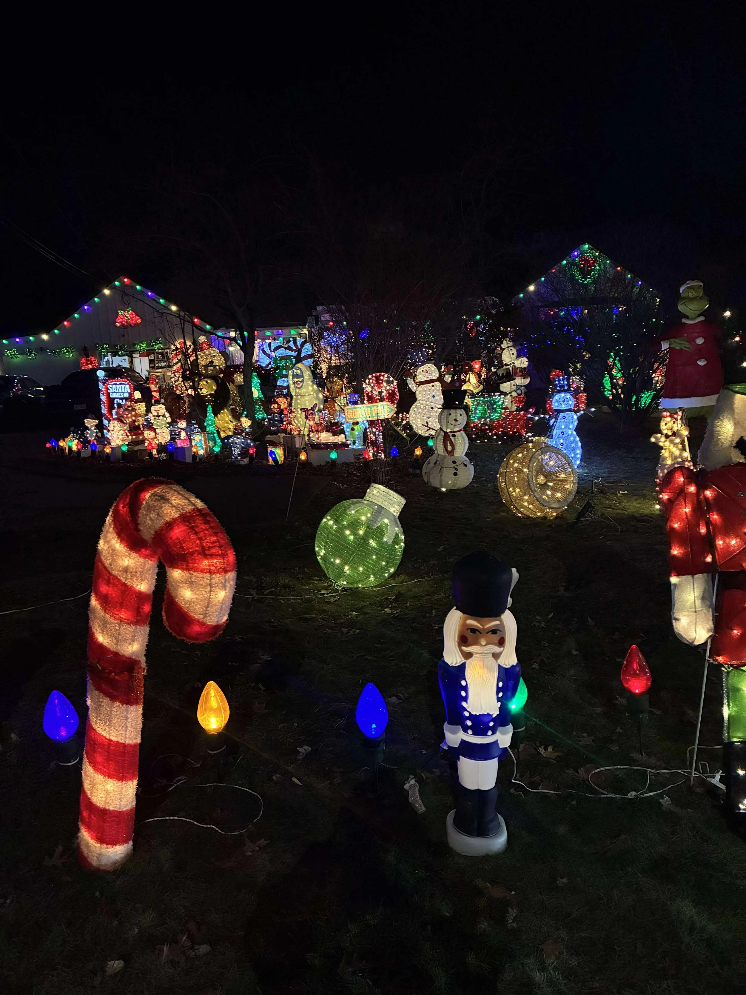 House with festive yard ornaments including Grinch, nutcracker, candy canes, frosty the snowman, and more