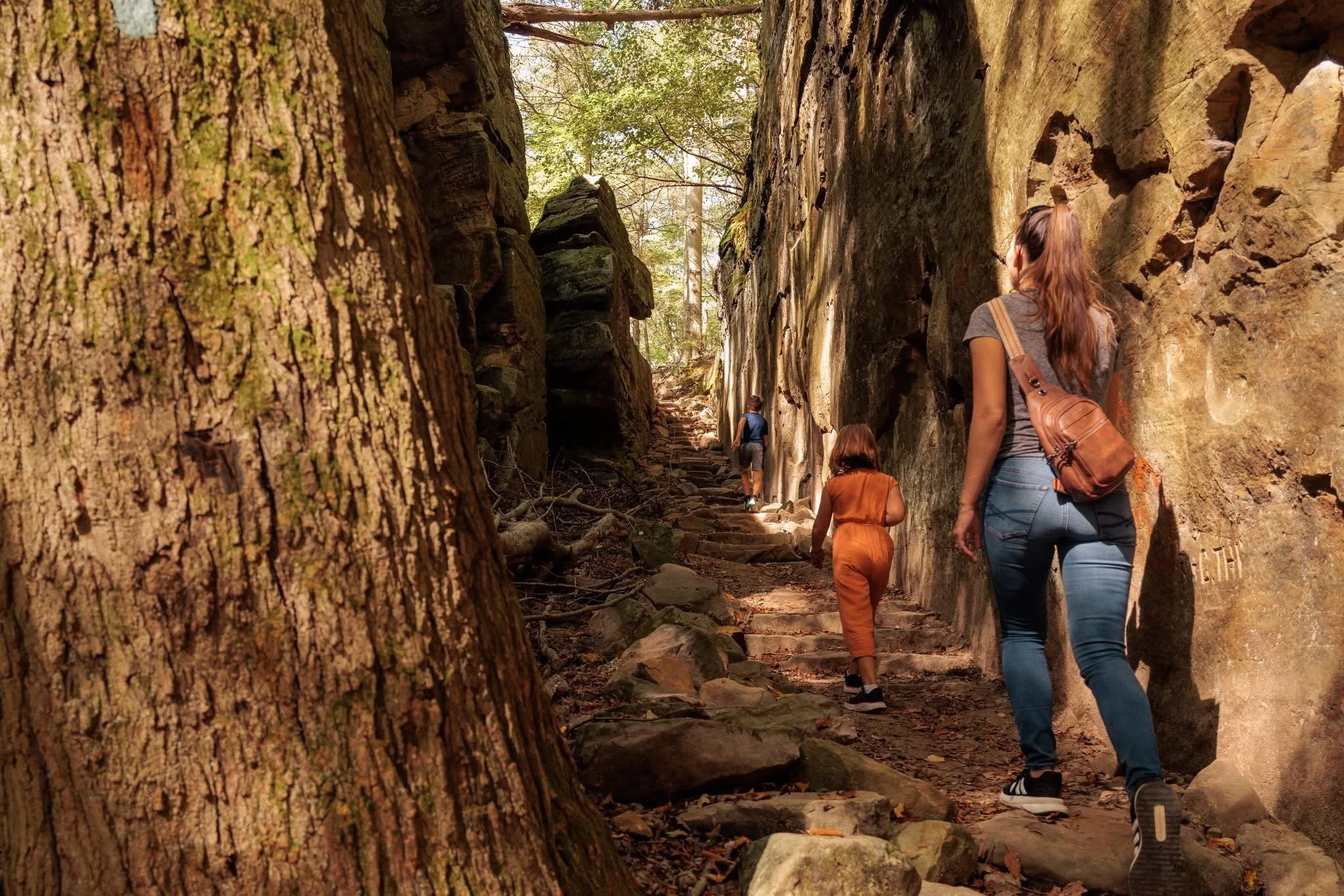 stone steps up in the middle of ledges with 3 people walking up them.