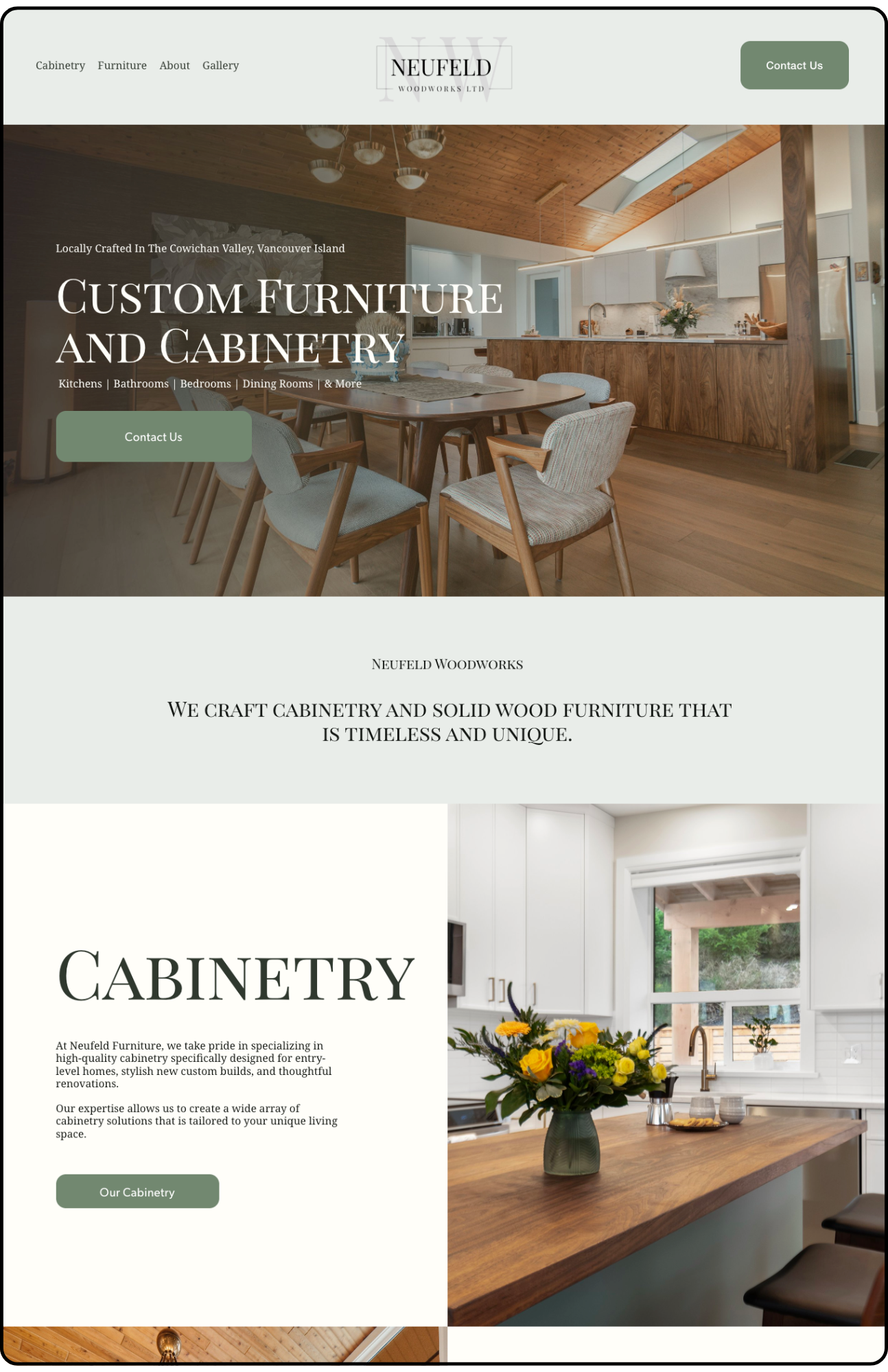 Homepage screenshot of Neufeld Woodworks website showing kitchen and dining furniture, with navigation menu, logo, and a 'Contact Us' button.
