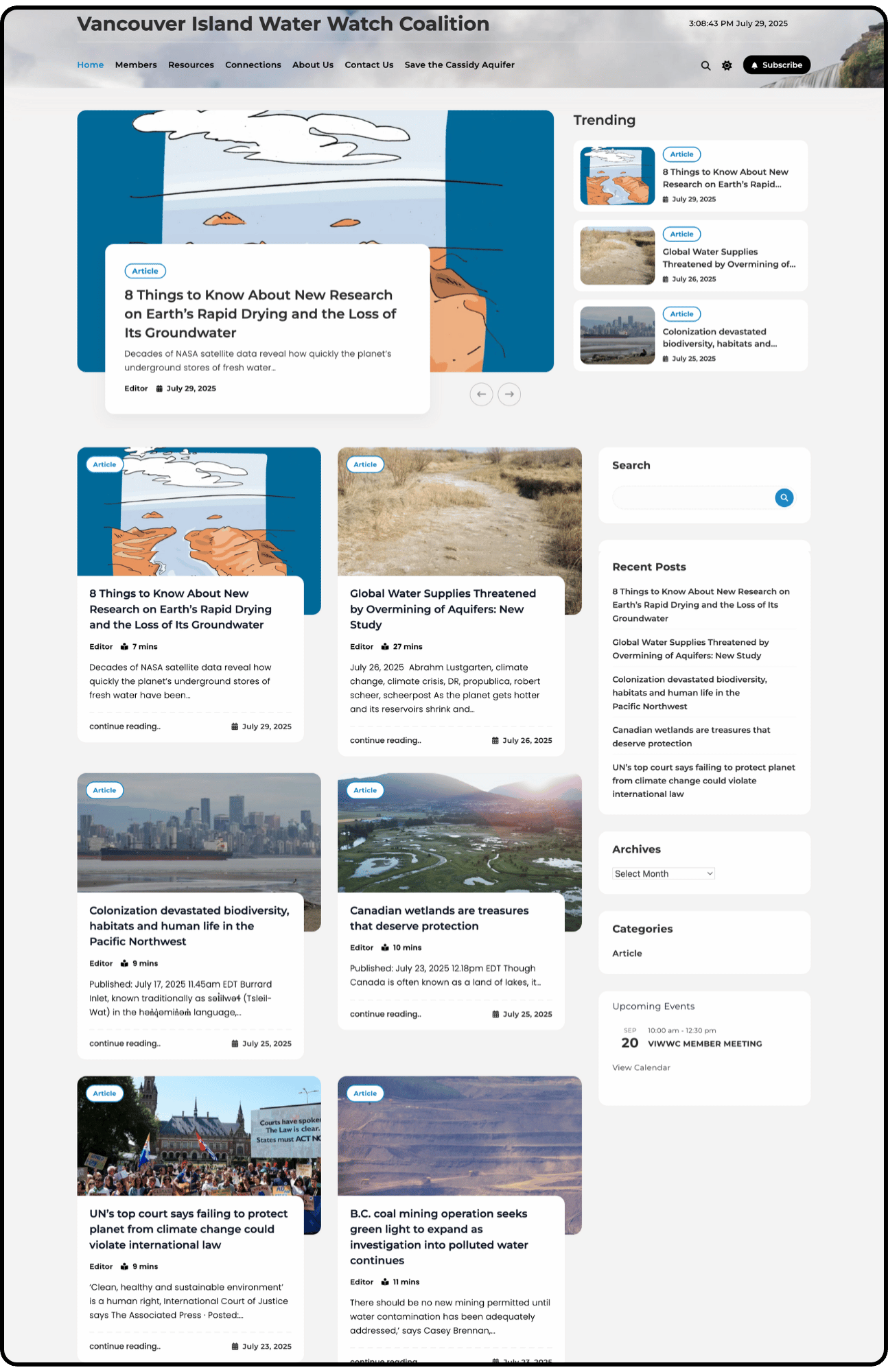 Screenshot of the Vancouver Island Water Watch Coalition website homepage, showing articles and recent posts about environmental issues such as groundwater loss, aquifer threats, biodiversity, and climate change.