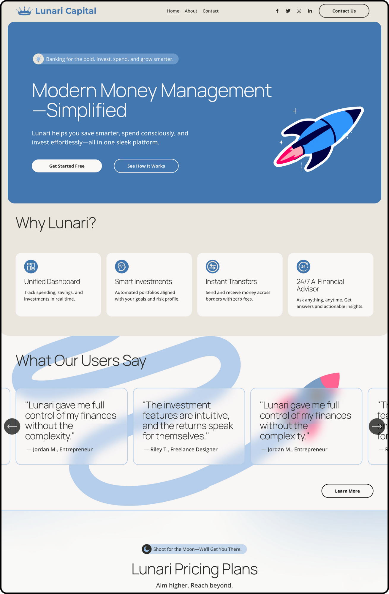A webpage for Lunari Capital featuring a rocket illustration, with sections promoting modern money management, reasons to choose Lunari, user testimonials, and information on pricing plans.