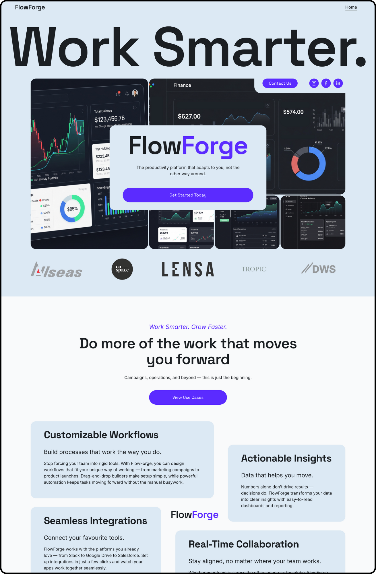 A digital advertisement for FlowForge, a platform for productivity and workflow management. The image features charts and graphs related to finance and work optimization, with the main headline 'Work Smarter' and a call-to-action button 'Get Started Today.' Logos of associated brands are displayed at the bottom.