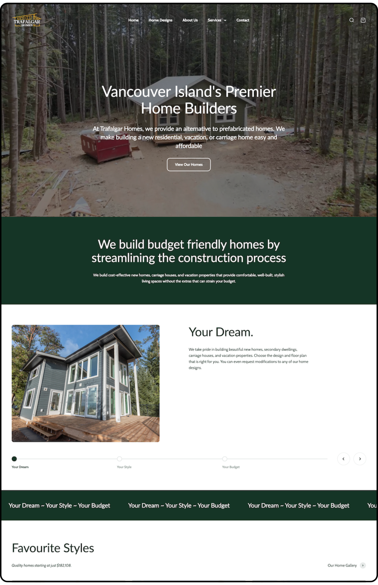 Screenshot of a home construction company's website featuring a forest background, a modern house, and various sections about home building services.