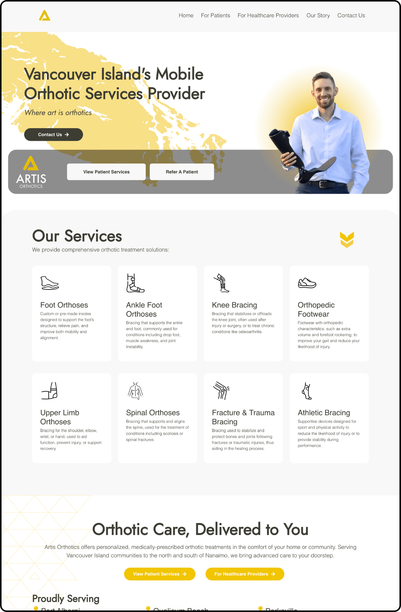 Homepage of Vancouver Island's mobile orthotic services provider, showing an image of a smiling man holding a prosthetic leg, a map of Vancouver Island, and sections about different types of orthotics and care services.