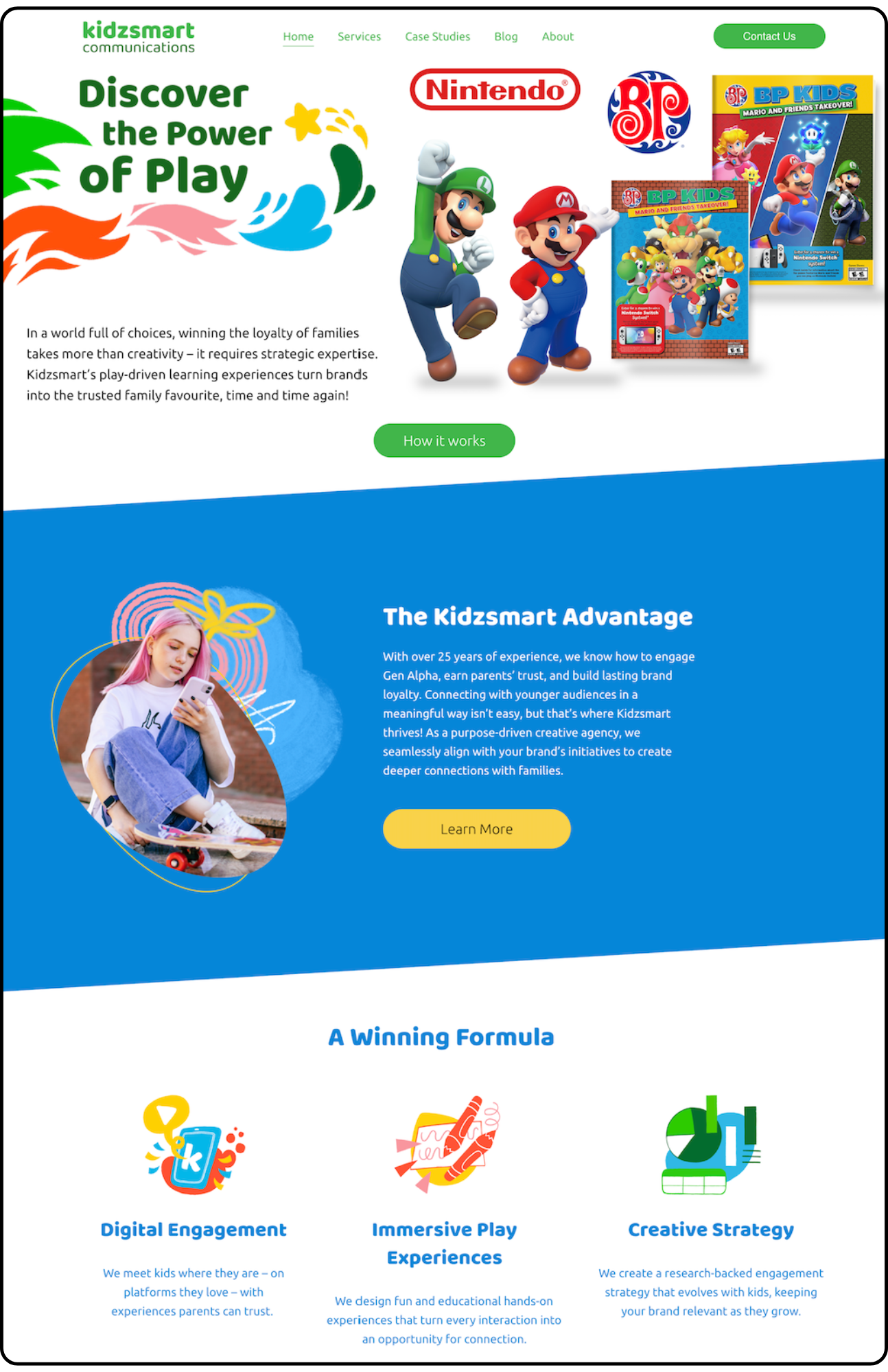 Kidsmart Communications website homepage featuring Nintendo, Super Mario themed products, and a young girl looking at her smartphone with colorful graphics and text promoting play and engagement.