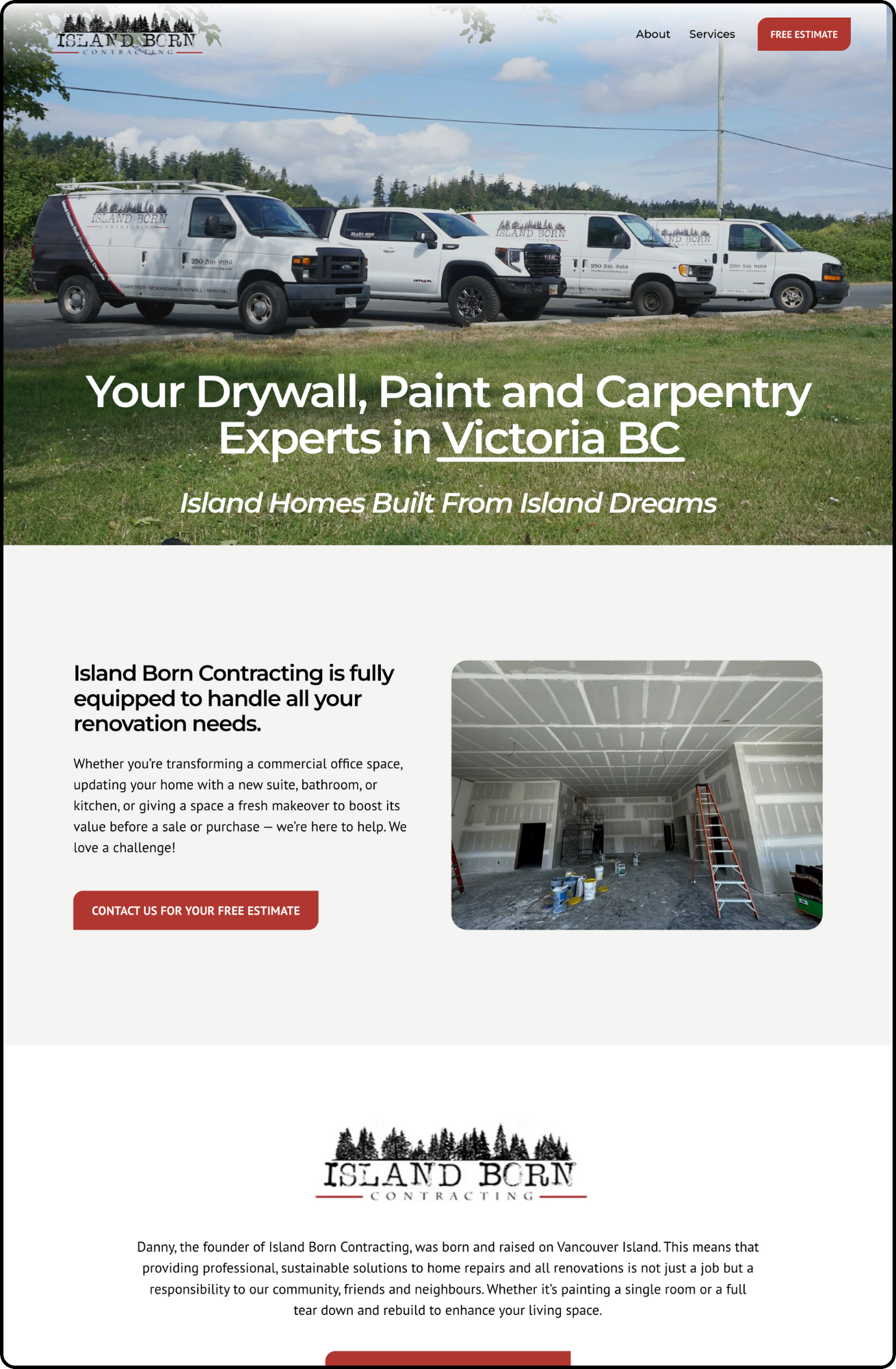 Screenshot of Island Born Contracting's website homepage showing a fleet of company vehicles, including vans and trucks, parked outdoors against a background of trees and a cloudy sky. The website features a headline about drywall, paint, and carpentry services in Victoria BC, with a call-to-action button for a free estimate. There's an interior renovation image, company logo, and a paragraph describing the company's mission.