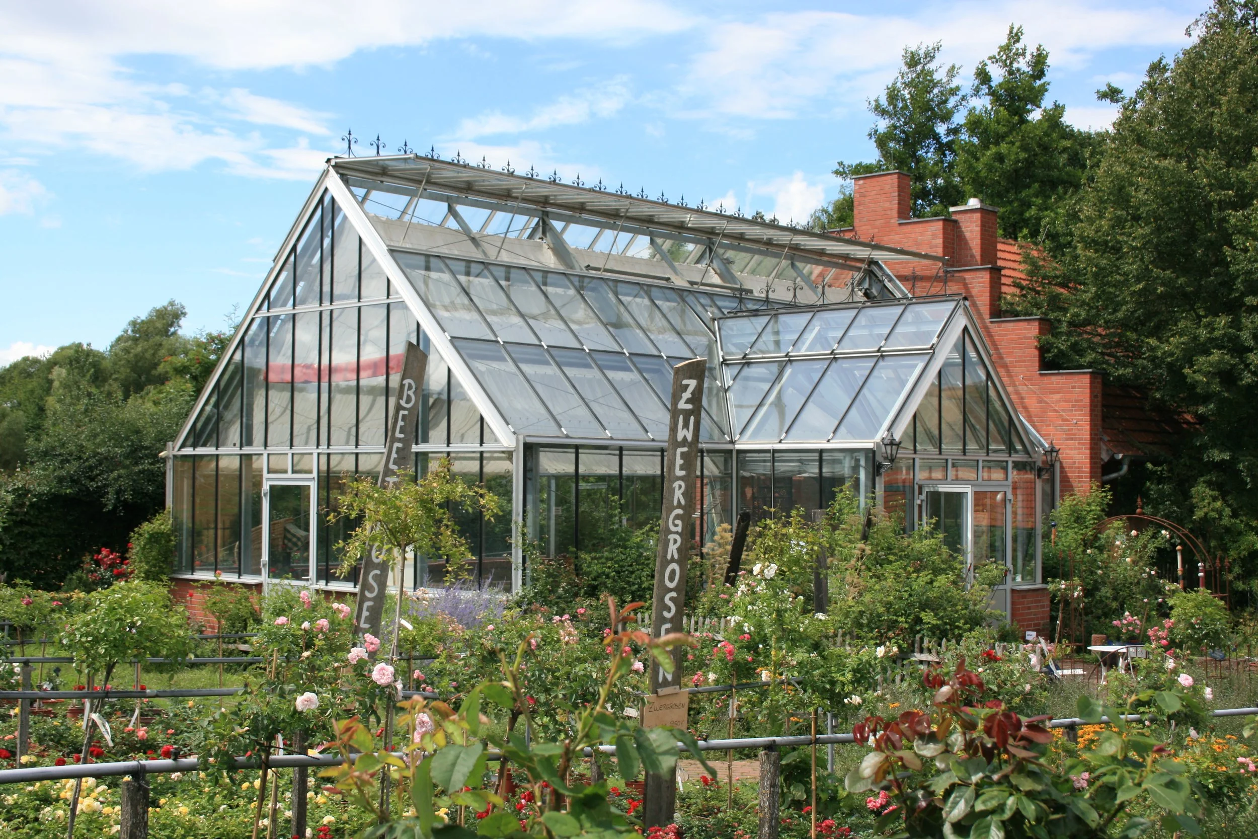 Aussenansicht - Das Gewächshaus der Rosenschule Ruf in Bad Nauheim ist ein Selbstbediener Cafe und wird für den Kreativworkshop als Raum genutzt