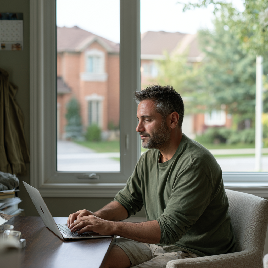 Man using a laptop at home beside a large window overlooking a quiet suburban neighbourhood
