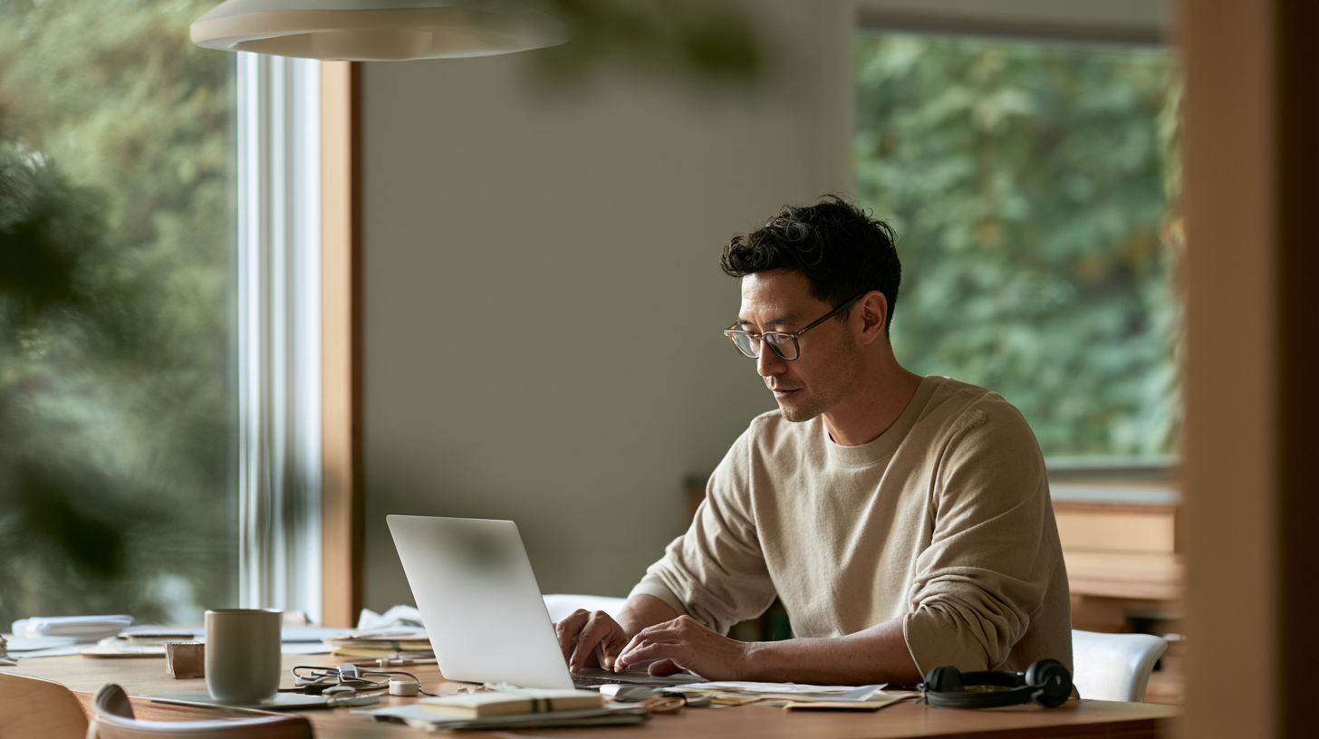 Man wearing glasses working on a laptop at a dining table in a bright home with large windows and greenery outside